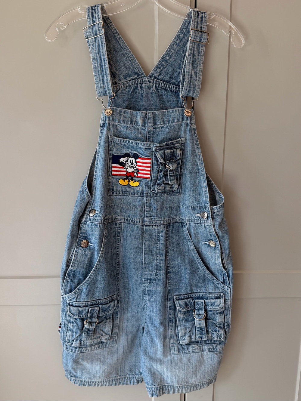 Vintage Disney American Flag Mickey Mouse Denim Shortalls Cargo Overalls Small